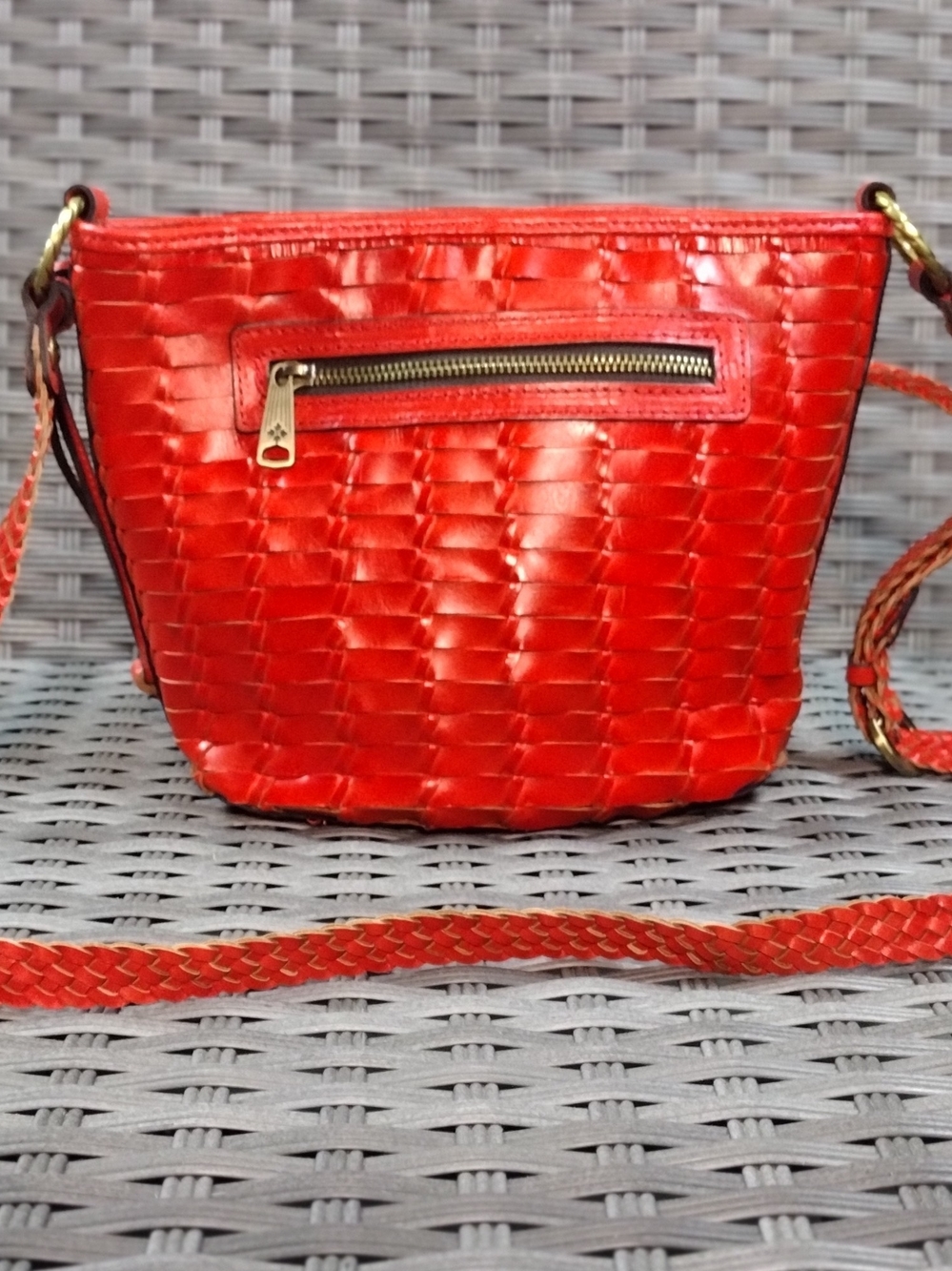 Patricia Nash Red Woven Leather Crossbody Bag with Gold Hardware